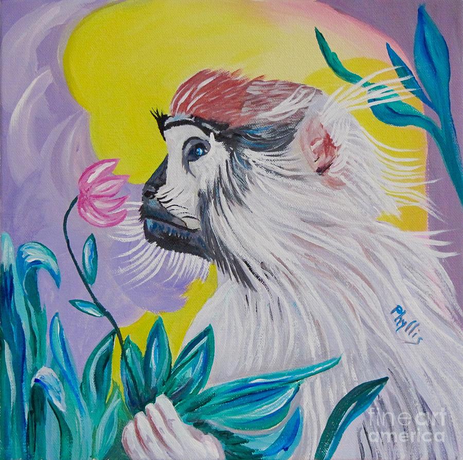 Baby Patas Monkey and His Flower Painting by Phyllis Kaltenbach