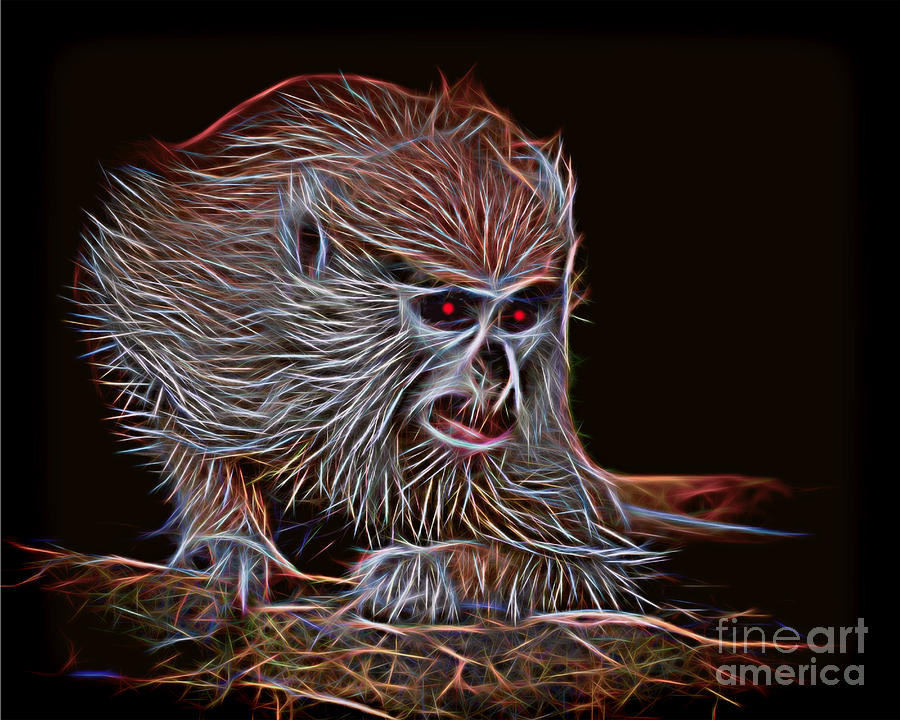 Baby Patas Monkey on Guard Glow Version Drawing by Jim Fitzpatrick