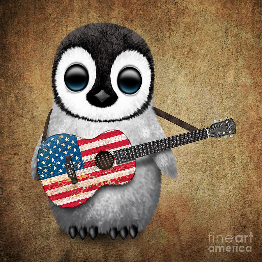 Penguin Digital Art - Baby Penguin Playing American Flag Guitar by Jeff Bartels