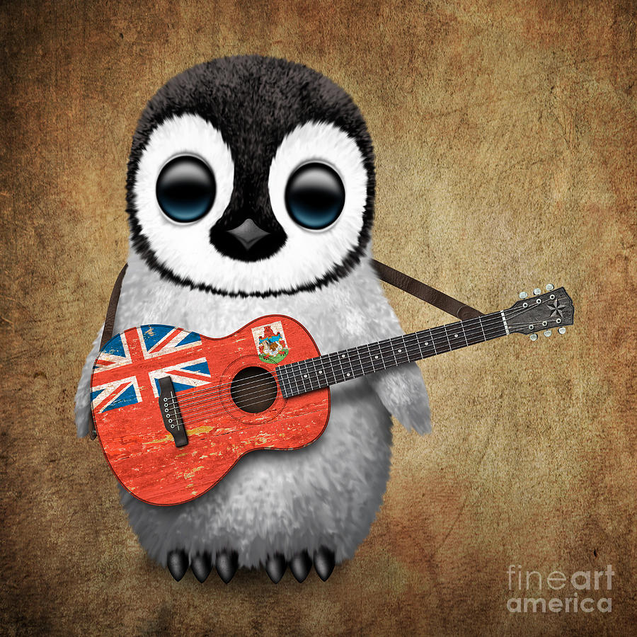 Penguin Digital Art - Baby Penguin Playing Bermuda Flag Guitar by Jeff Bartels