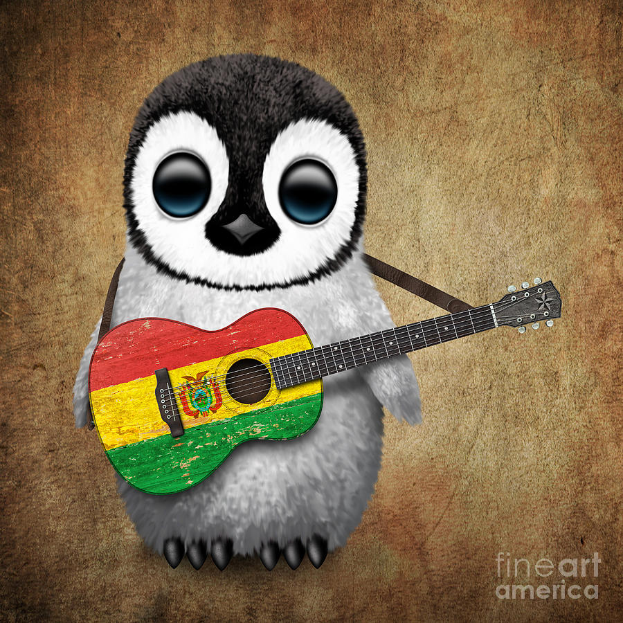 Penguin Digital Art - Baby Penguin Playing Bolivian Flag Guitar by Jeff Bartels