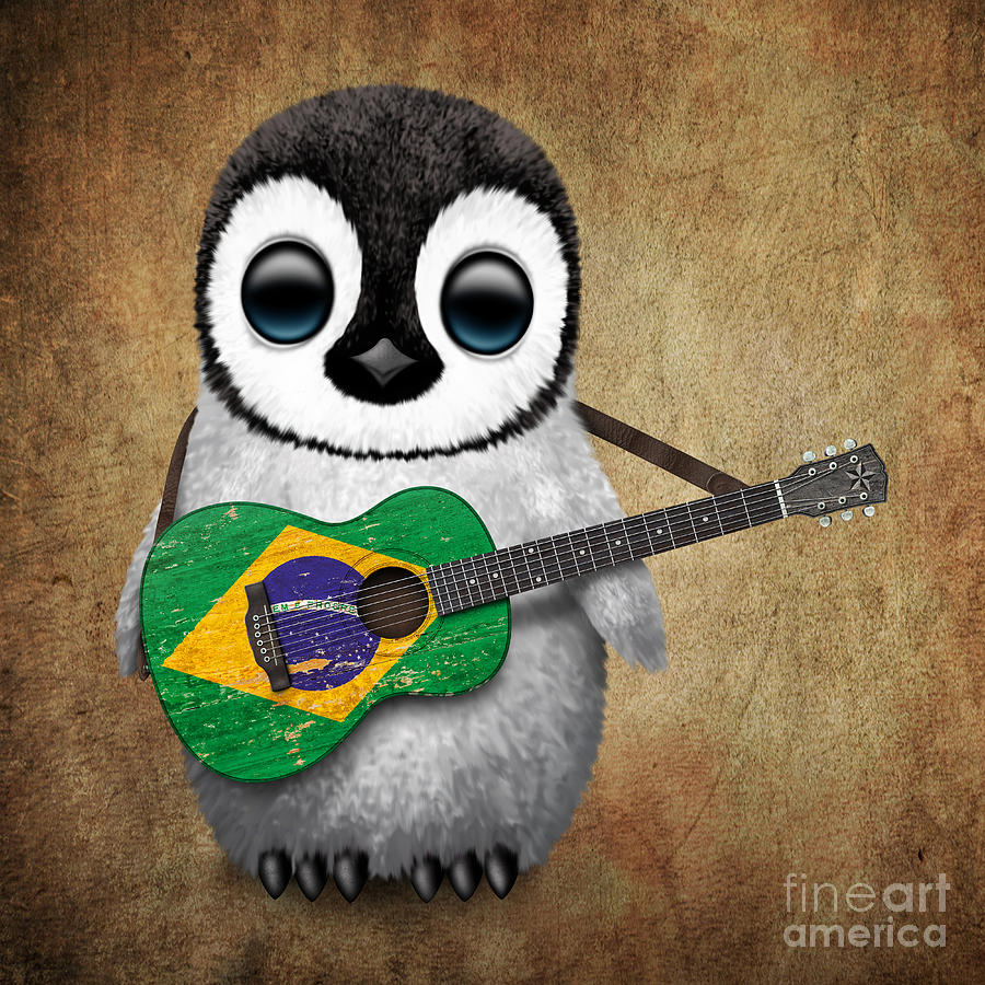 Penguin Digital Art - Baby Penguin Playing Brazilian Flag Guitar by Jeff Bartels