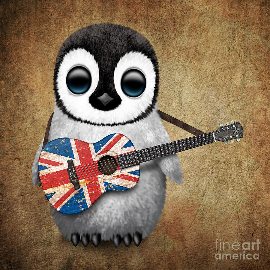 Penguin Digital Art - Baby Penguin Playing British Union Jack Flag Guitar by Jeff Bartels