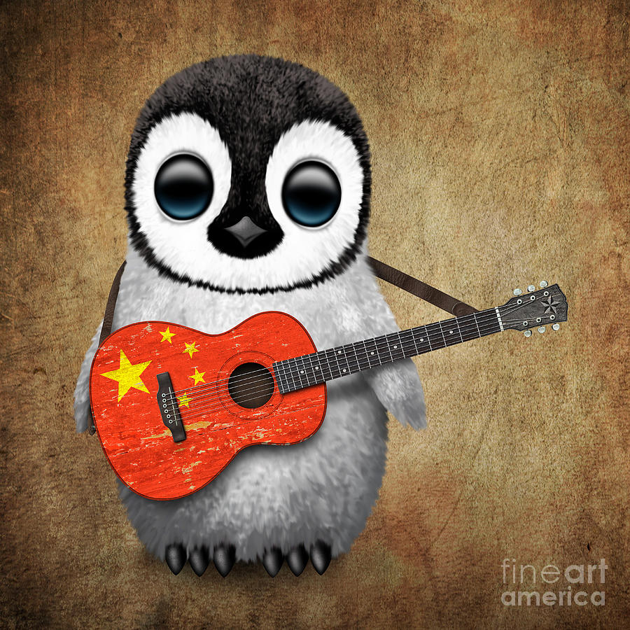 Penguin Digital Art - Baby Penguin Playing Chinese Flag Guitar by Jeff Bartels