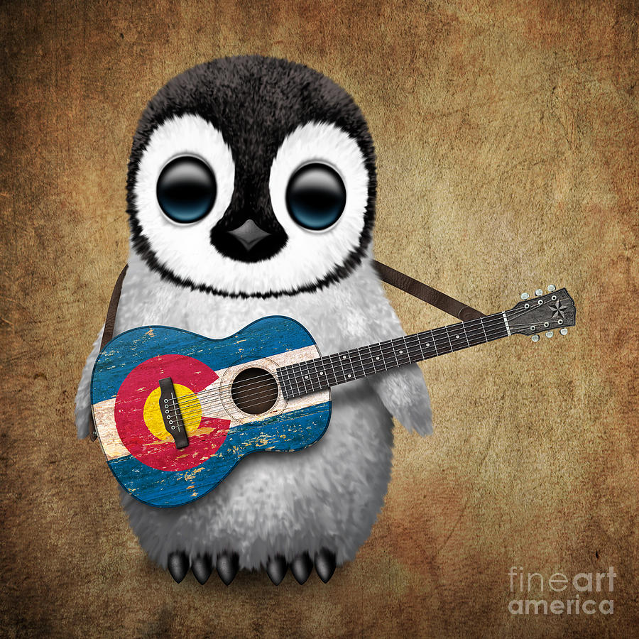 Penguin Digital Art - Baby Penguin Playing Colorado Flag Guitar by Jeff Bartels