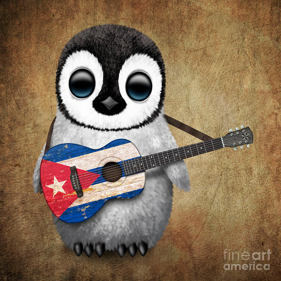 Penguin Digital Art - Baby Penguin Playing Cuban Flag Guitar by Jeff Bartels