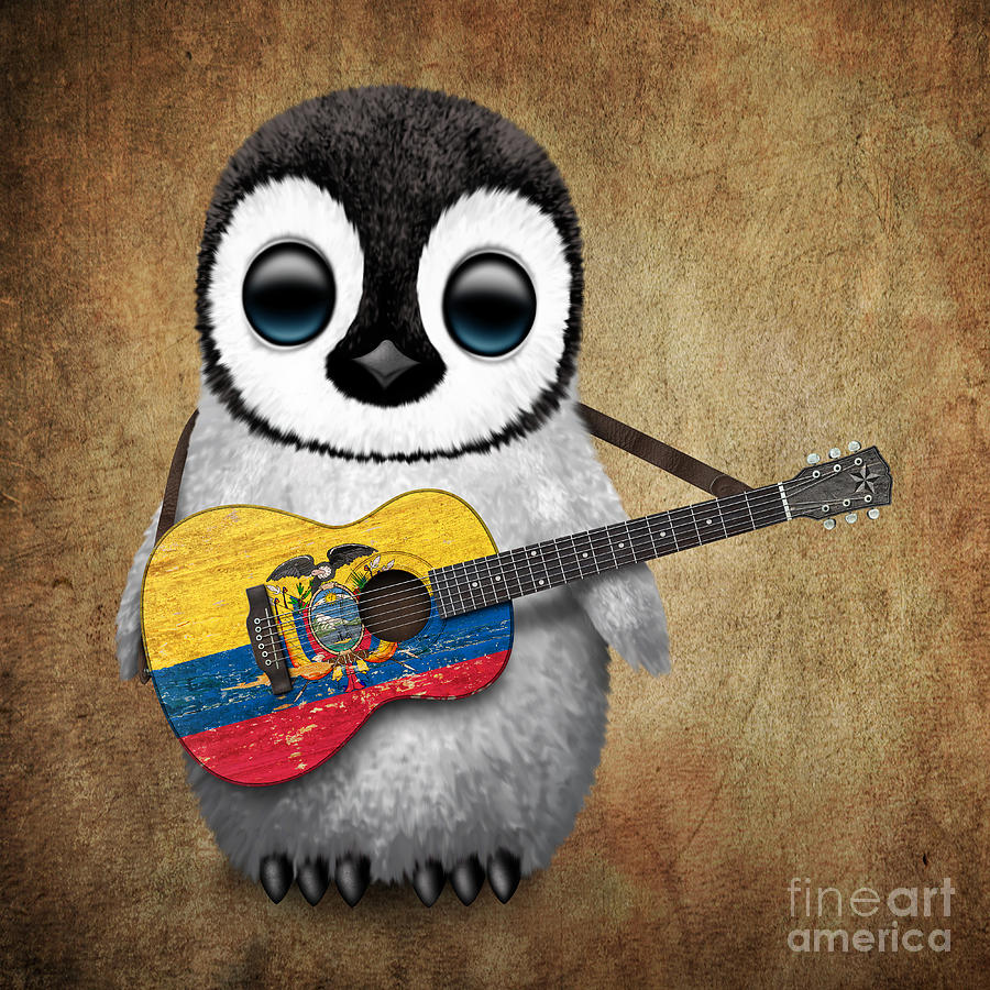 Penguin Digital Art - Baby Penguin Playing Ecuadorian Flag Guitar by Jeff Bartels