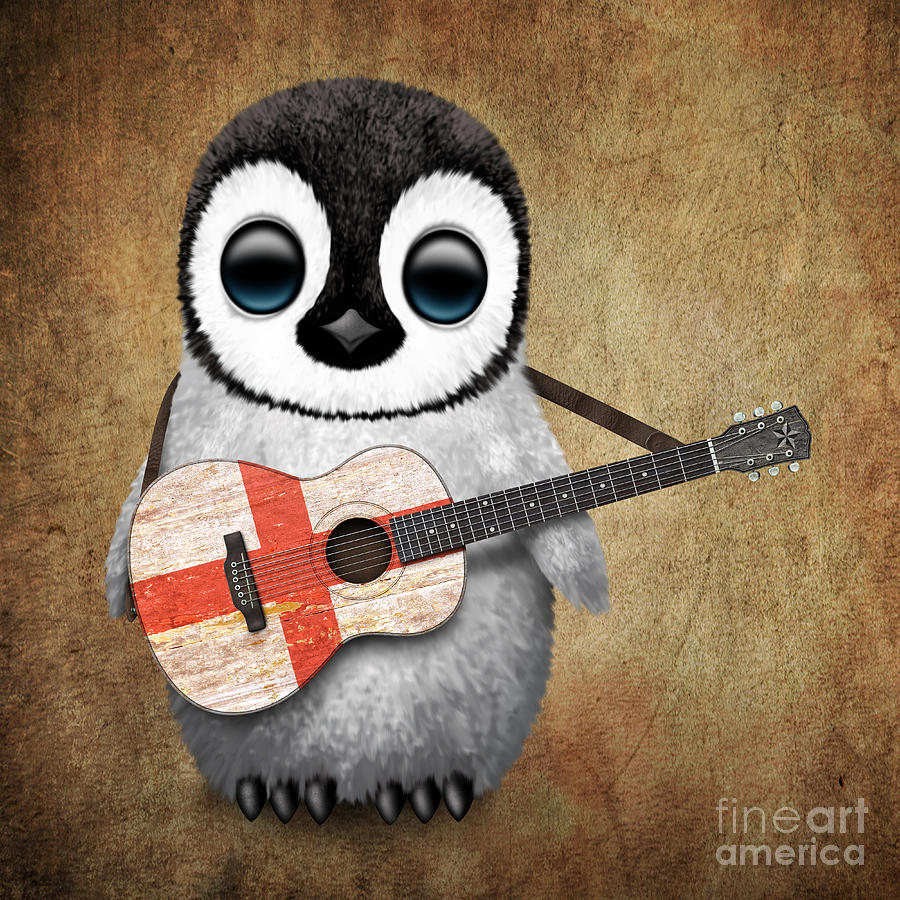 Penguin Digital Art - Baby Penguin Playing English Flag Guitar by Jeff Bartels