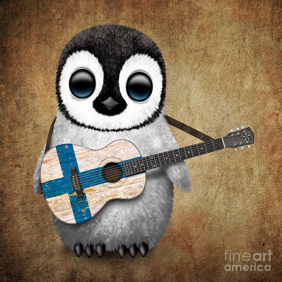 Penguin Digital Art - Baby Penguin Playing Finnish Flag Guitar by Jeff Bartels