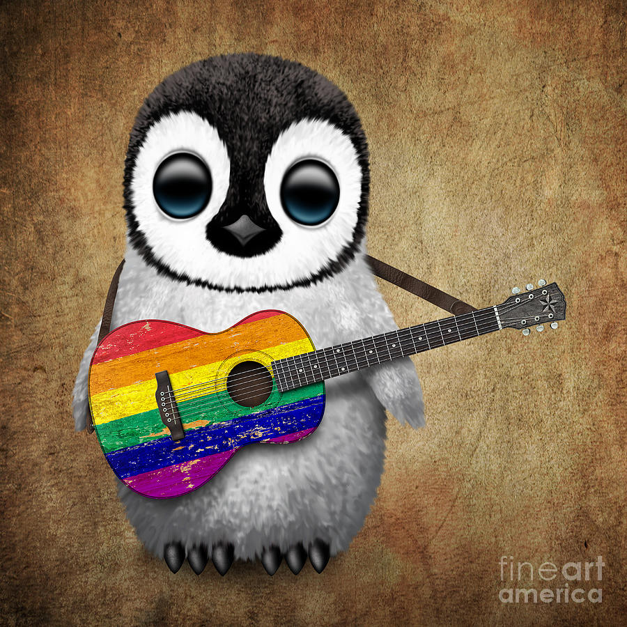 Penguin Digital Art - Baby Penguin Playing Gay Pride Rainbow Flag Guitar by Jeff Bartels