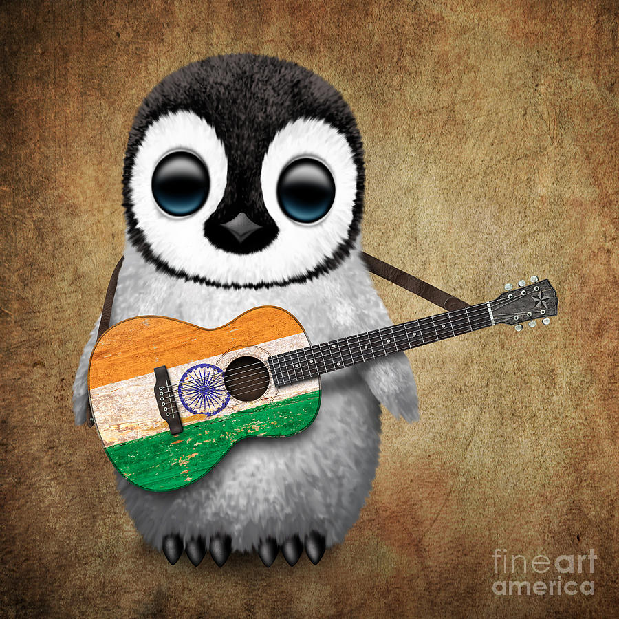 Penguin Digital Art - Baby Penguin Playing Indian Flag Guitar by Jeff Bartels