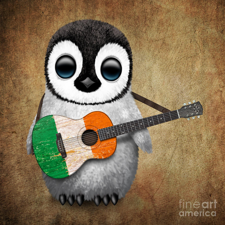 Penguin Digital Art - Baby Penguin Playing Irish Flag Guitar by Jeff Bartels
