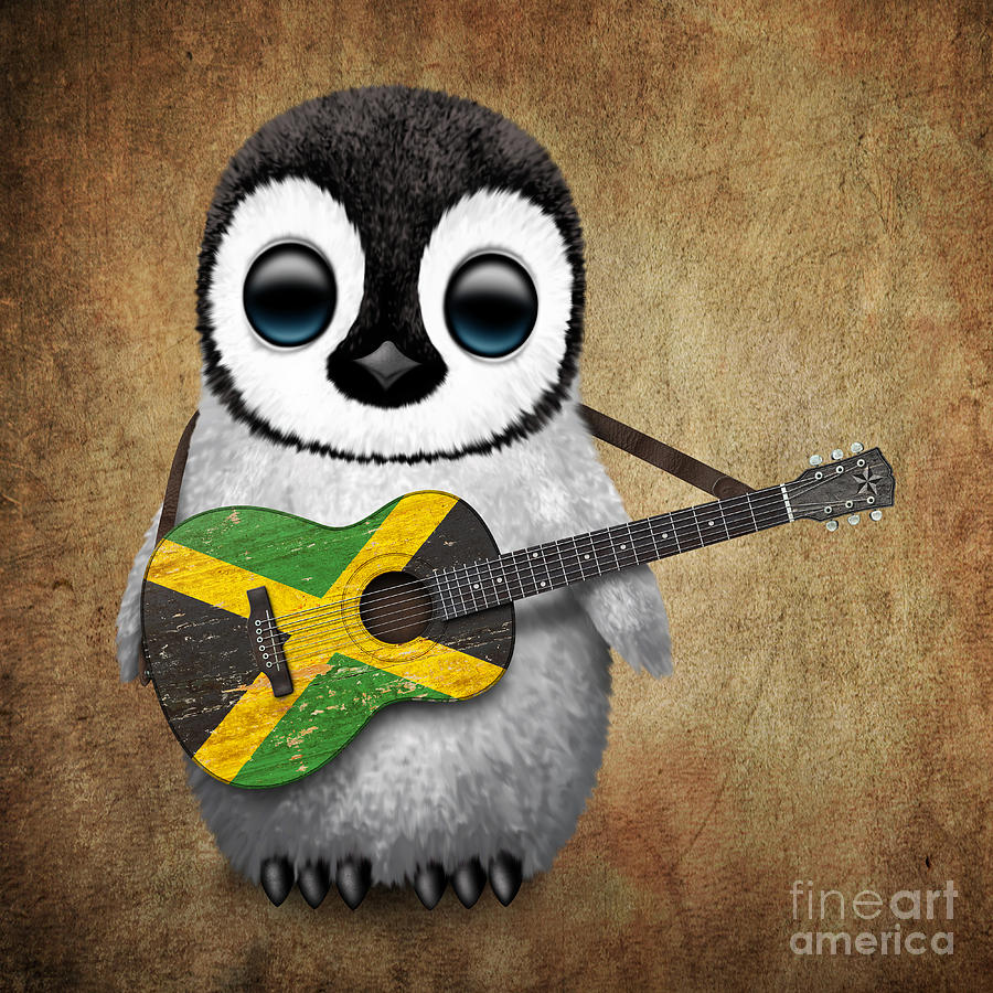 Penguin Digital Art - Baby Penguin Playing Jamaican Flag Guitar by Jeff Bartels