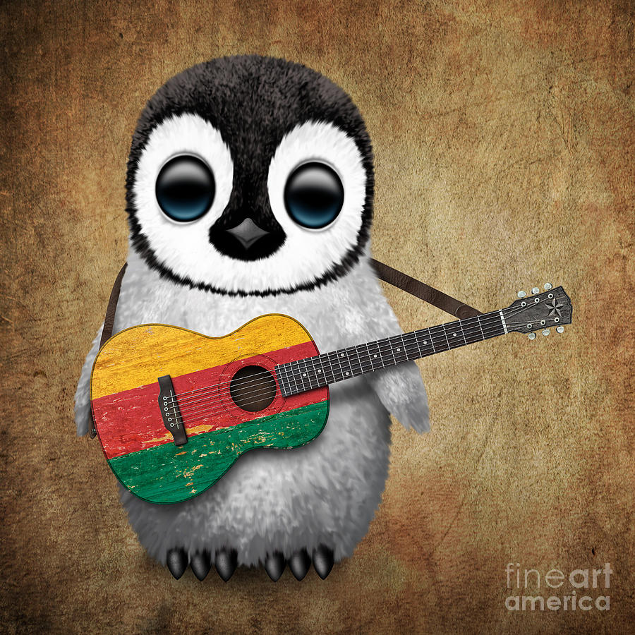 Penguin Digital Art - Baby Penguin Playing Lithuanian Flag Guitar by Jeff Bartels