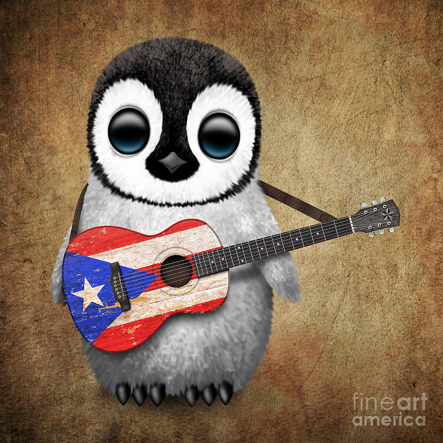 Penguin Digital Art - Baby Penguin Playing Puerto Rican Flag Guitar by Jeff Bartels