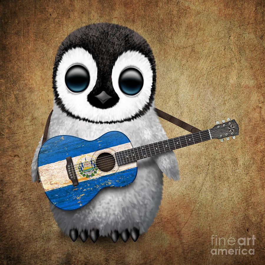 Penguin Digital Art - Baby Penguin Playing Salvadorian Flag Guitar by Jeff Bartels