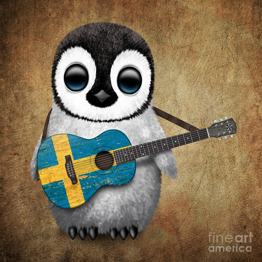 Penguin Digital Art - Baby Penguin Playing Swedish Flag Guitar by Jeff Bartels