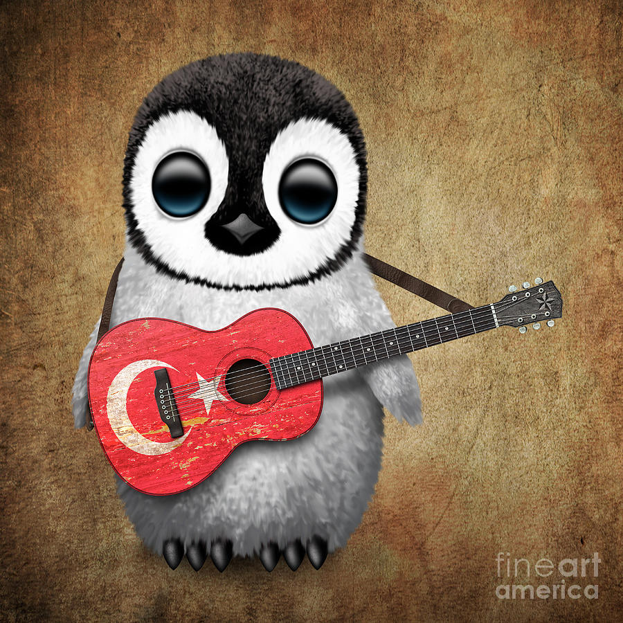 Penguin Digital Art - Baby Penguin Playing Turkish Flag Guitar by Jeff Bartels