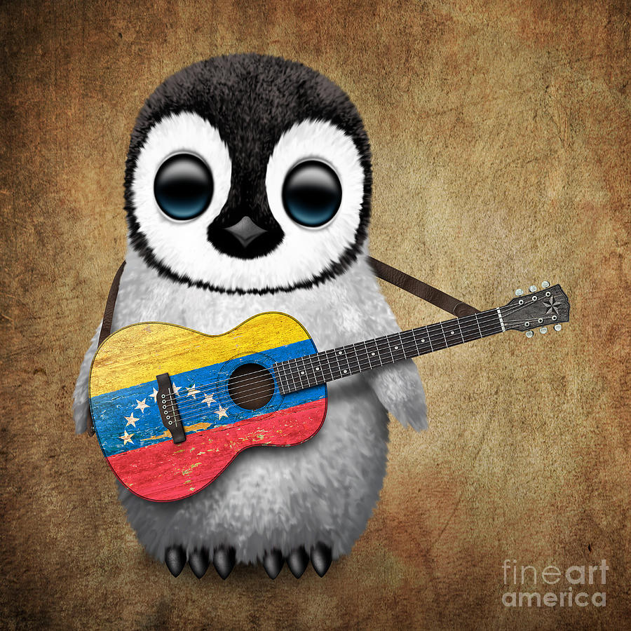 Penguin Digital Art - Baby Penguin Playing Venezuelan Flag Guitar by Jeff Bartels