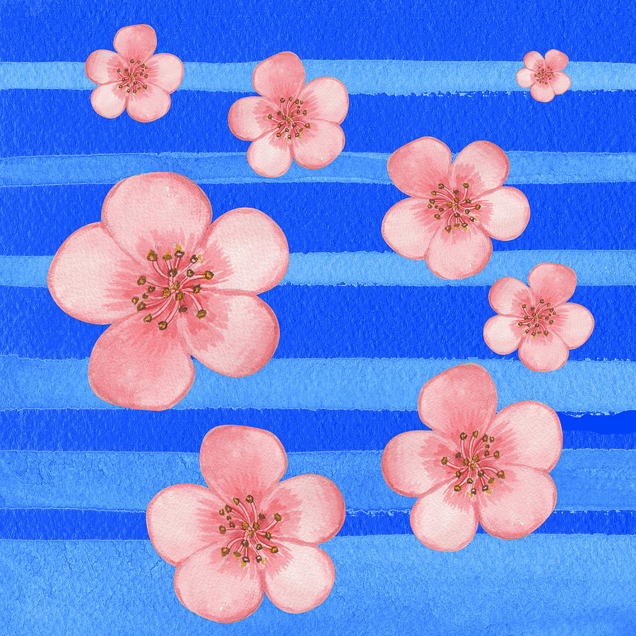 Baby Pink Flowers On Blue  Painting by Irina Sztukowski
