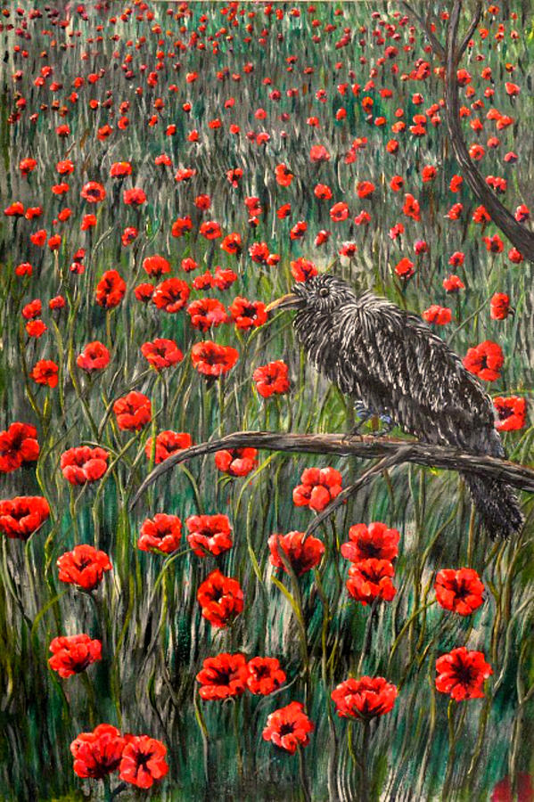 Baby Raven Chilling in the  Field of Poppies Painting by Medea Ioseliani