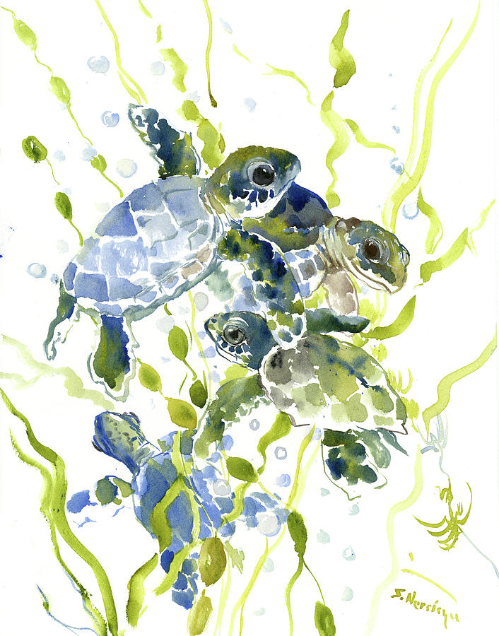 Baby Sea Turtles in the Sea Painting by Suren Nersisyan
