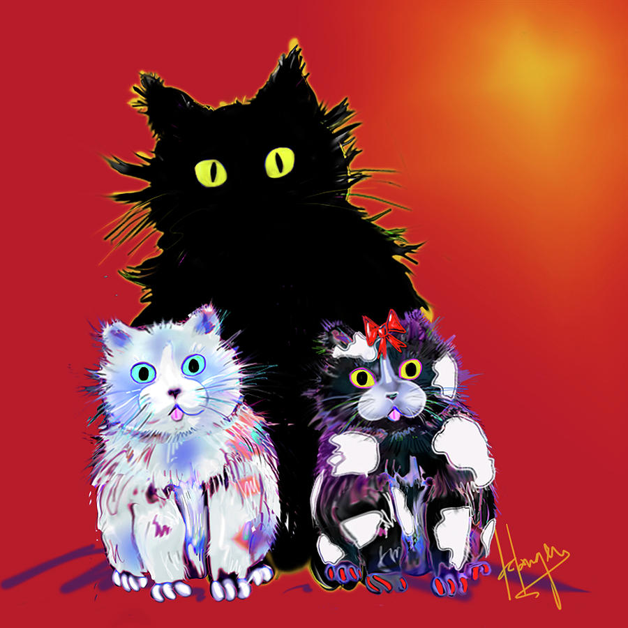 Baby Wu, Baby Moo, and Snowflake DizzyCats Painting by DC Langer