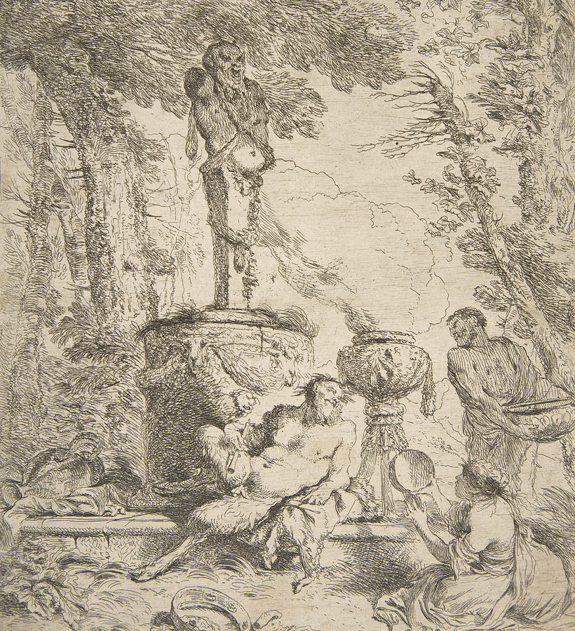 Bacchanal before an altar to the gods Relief by Giovanni Benedetto Castiglione