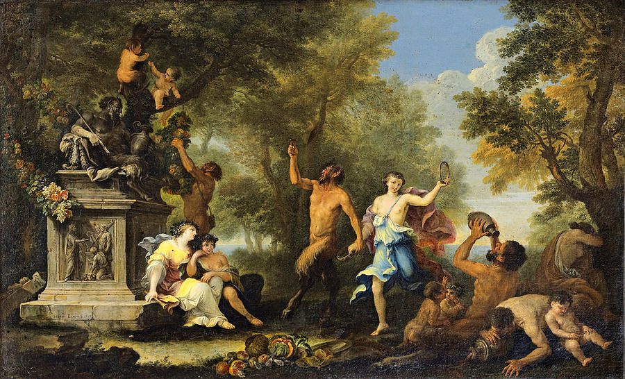 Bacchanale offering various goods to Pan Statue Painting by Filippo Lauri