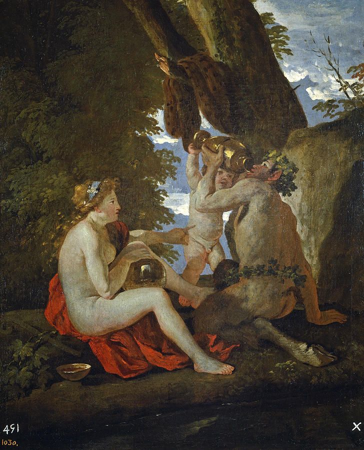 Bacchic Scene or Nymph and Satyr drinking  Painting by Nicolas Poussin