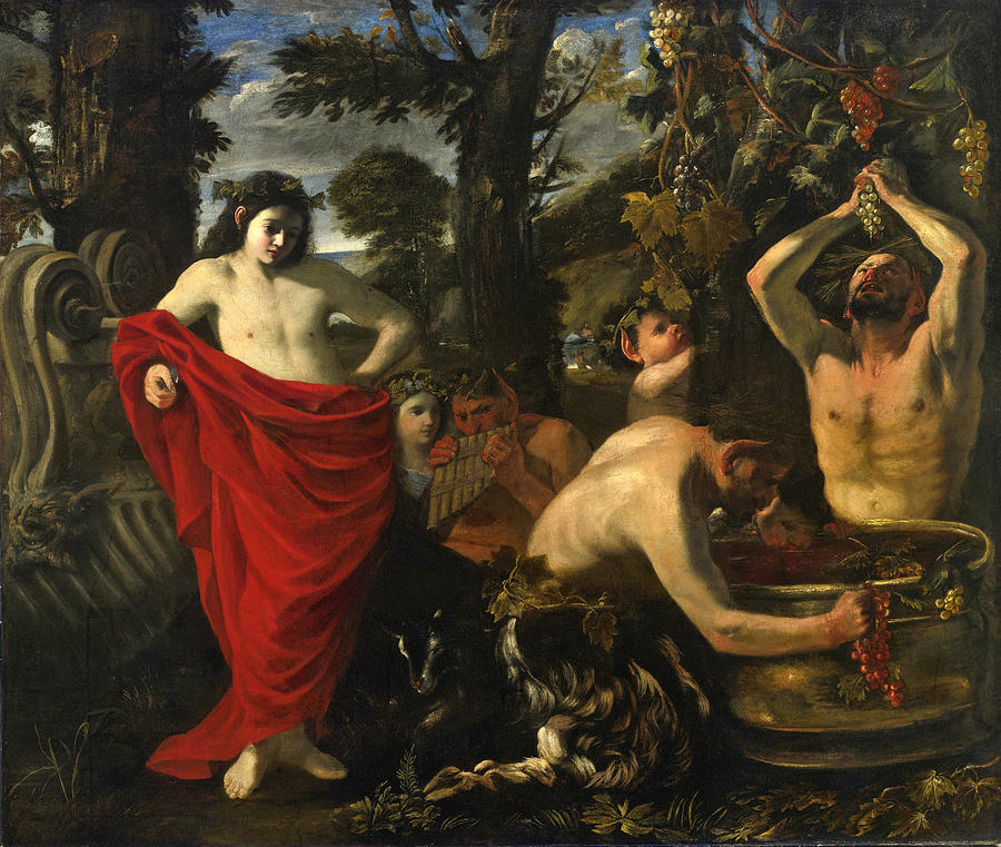 Bacchus overseeing the crushing of grapes by his Satyrs Painting by Pier Francesco Mola