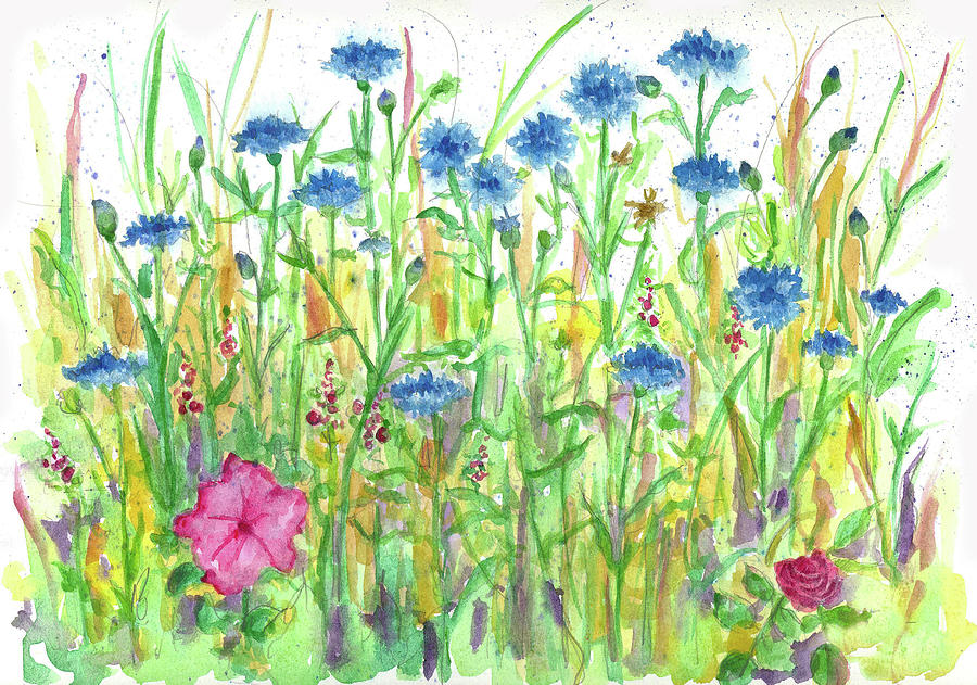 Bachelor Button Meadow Painting by Cathie Richardson