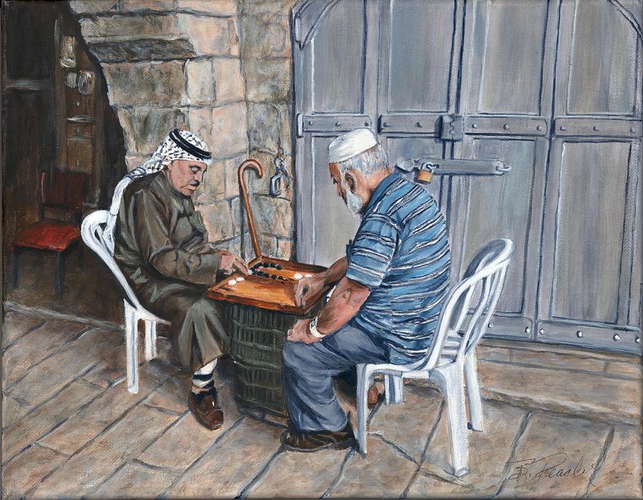 Backgammon Players in Jerusalem Painting by Bonnie Peacher