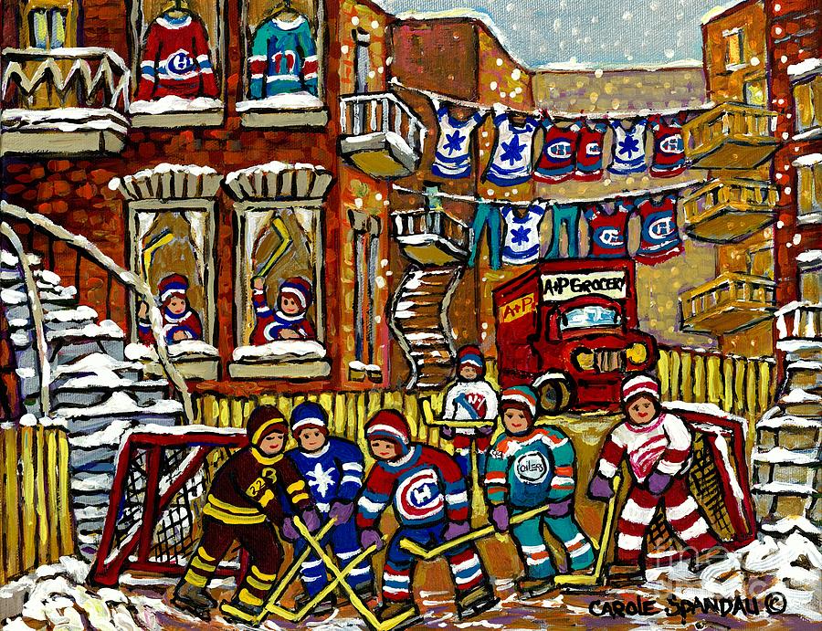 Backlane Snowy Winter Scene Hockey Game Verdun Alley Montreal Team Jerseys Canadian Art Painting by Carole Spandau