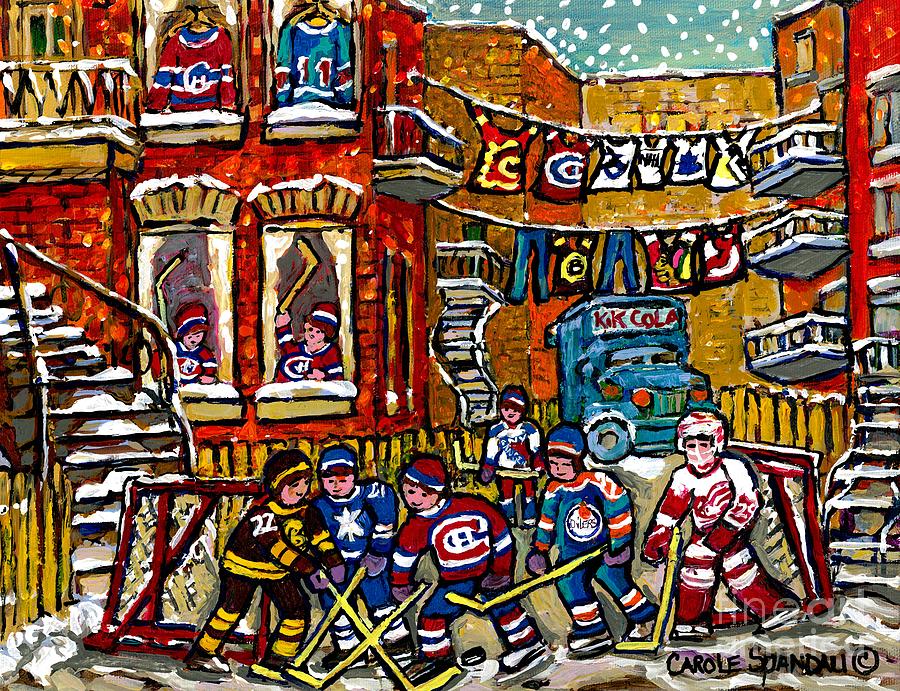 Backlane Winter In The City Original Six Hockey Art Verdun Montreal Snowy Alley Laneway Canadian Art Painting by Carole Spandau