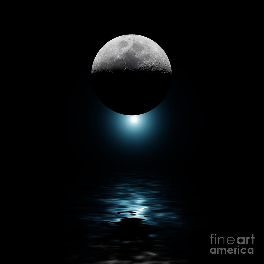 Backlit moon and blue star over water Photograph by Simon Bratt