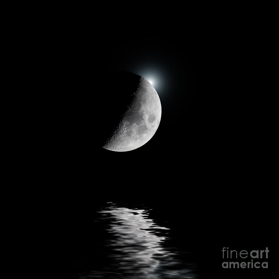 Backlit moon with white star over water Photograph by Simon Bratt