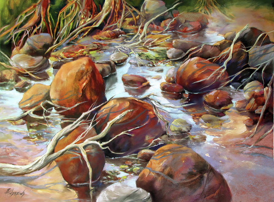 Backwater Sticks and Stones Painting by Rae Andrews
