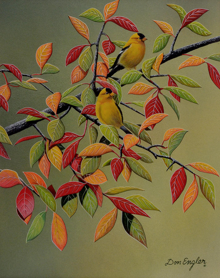 Flower Painting - Backyard Goldfinches by Don Engler