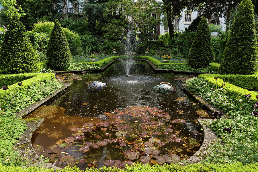 Backyard Oasis Symmetry With a Softly Burbling Garden Fountain Photograph by Georgia Mizuleva