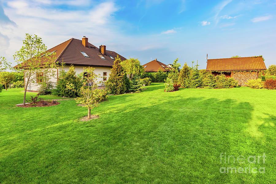 Backyard of a family house. Spacious landscaped garden with green mown grass Photograph by Michal Bednarek