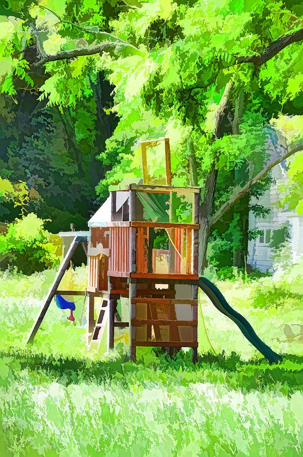 Backyard with wooden playground  Painting by Jeelan Clark