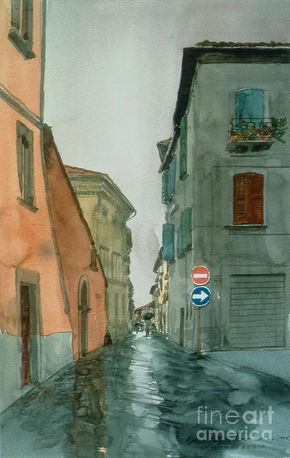Landscape Painting - Bagnoregio Street in the Rain by Robert Bowden