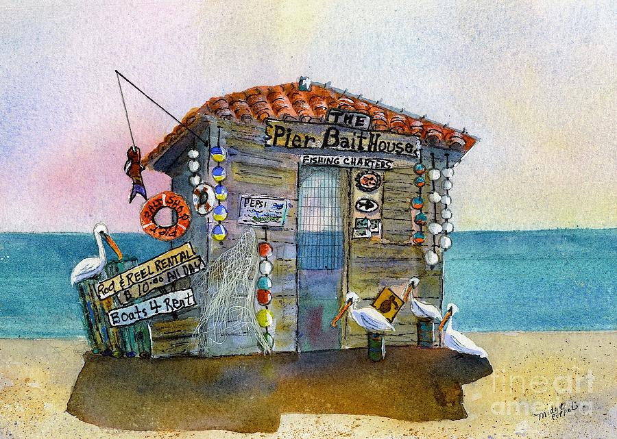 Pelicans Painting - Bait House by Midge Pippel Pelicans Painting - Bait House by Midge Pippel