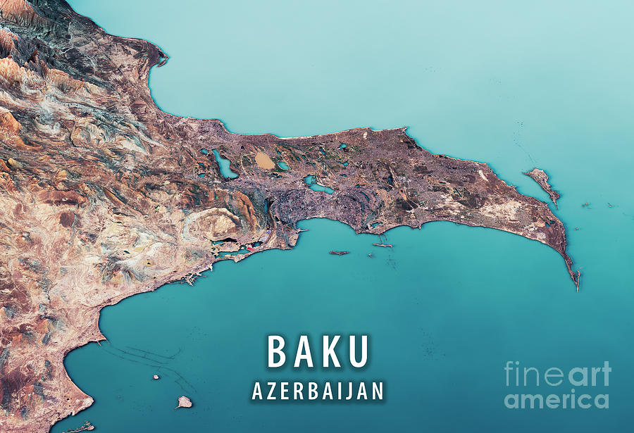 Baku 3D Render Satellite View Topographic Map Horizontal Digital Art by ...