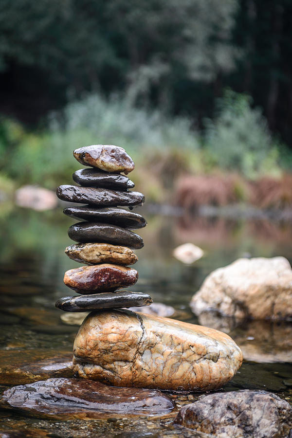 Nature Photograph - Balancing Zen Stones In Countryside River I by Marco Oliveira