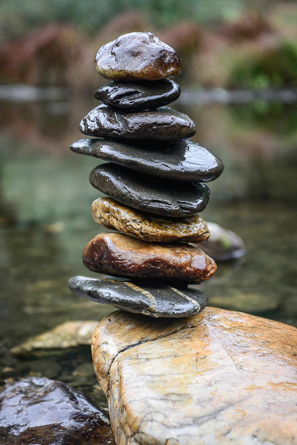 Nature Photograph - Balancing Zen Stones In Countryside River II by Marco Oliveira