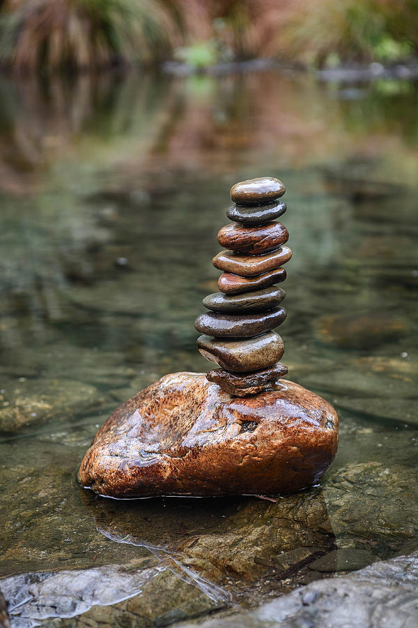 Nature Photograph - Balancing Zen Stones In Countryside River III by Marco Oliveira