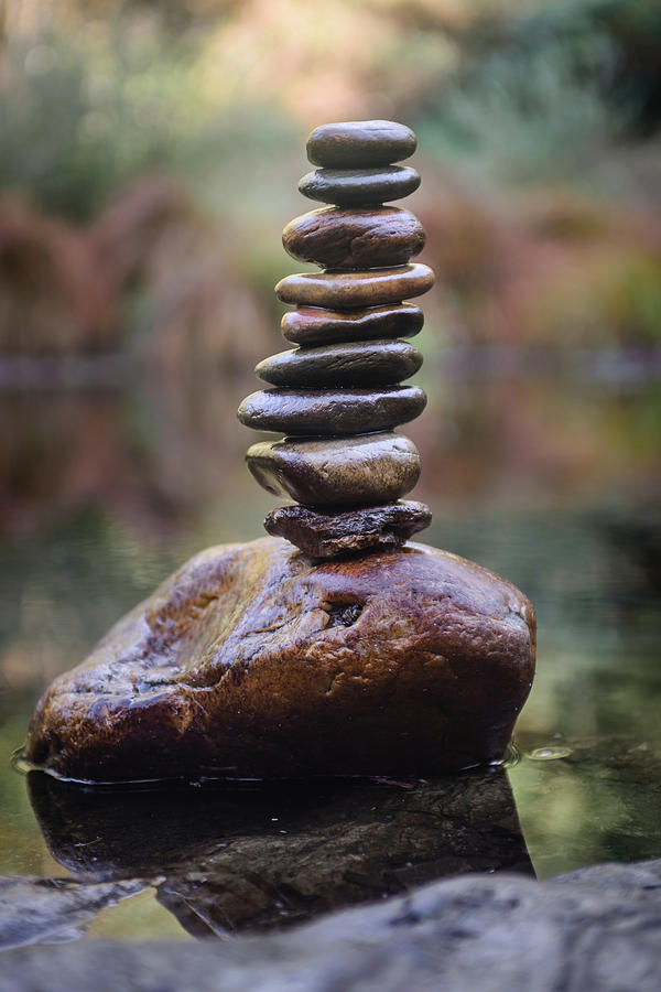 Nature Photograph - Balancing Zen Stones In Countryside River IV by Marco Oliveira