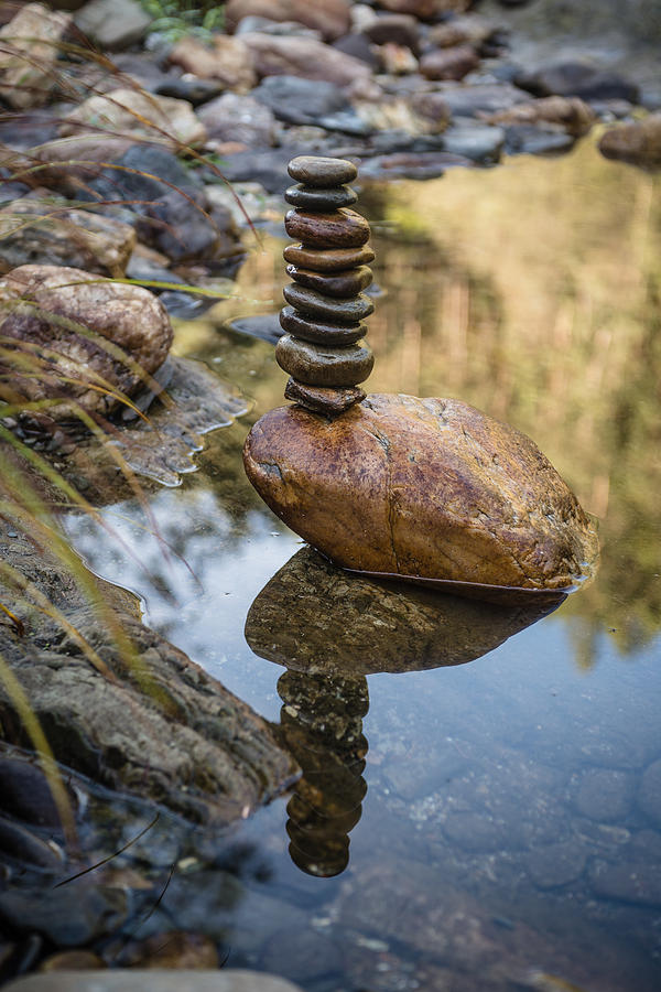 Nature Photograph - Balancing Zen Stones In Countryside River VIII by Marco Oliveira